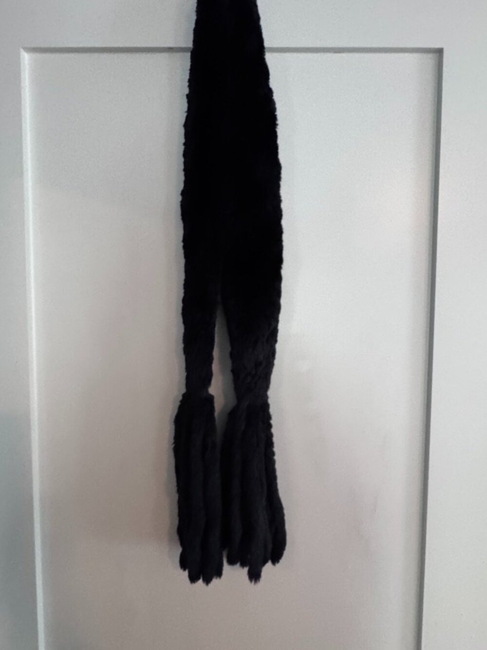 Black Rex Rabbit Fur Scarf, Knit Fur Design w/ Fringe/Tassel Edges, Never Worn
